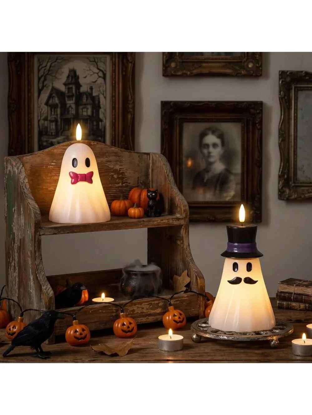 2PCS Halloween Hand Painted Ghost Flameless Candles 6H Timer Real Wax Indoor